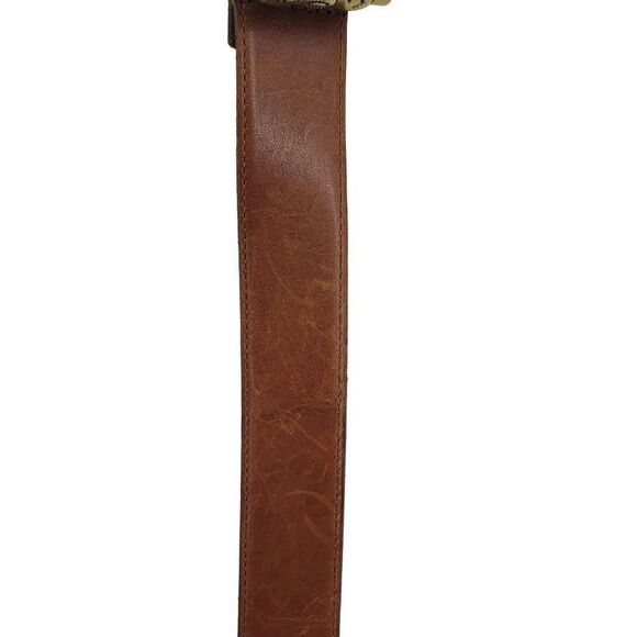 Vintage 80's Ritz Leather Belt S Brown Hieroglyphic Symbol Beads Brass Buckle - Picture 9 of 13